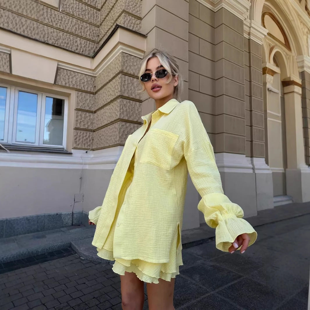 Long Sleeve Ruffled Shirt Double Layer Casual Shorts Suit