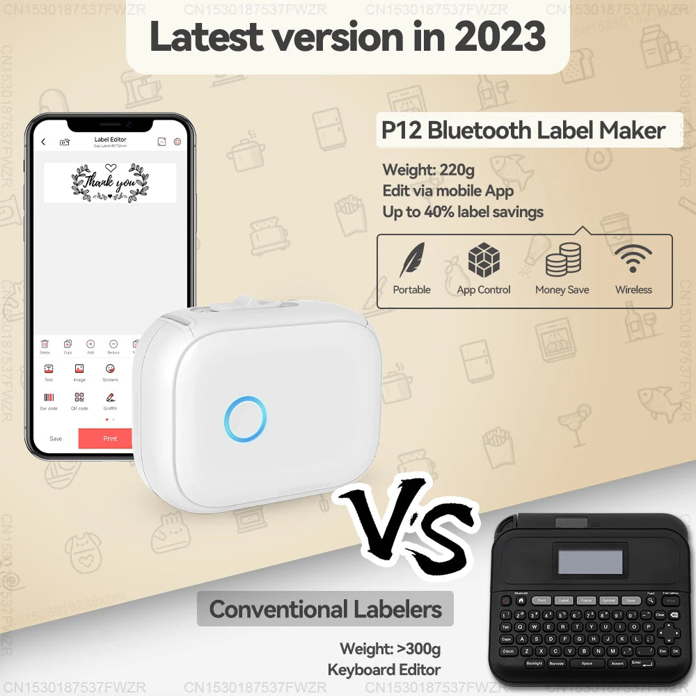 P12 Wireless Bluetooth Thermal Label Printer Portable Self-adhesive Sticker Pocket Mini Label Maker with Continuous Label Tape